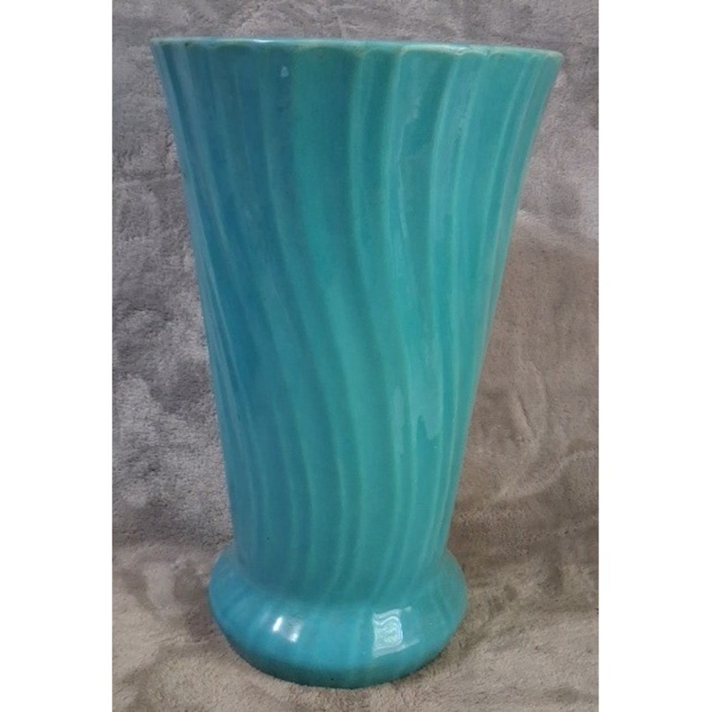 Bauer Pottery USA Turquoise Blue Swirl Flared Ceramic Vase 12.5" Art Deco MCM
